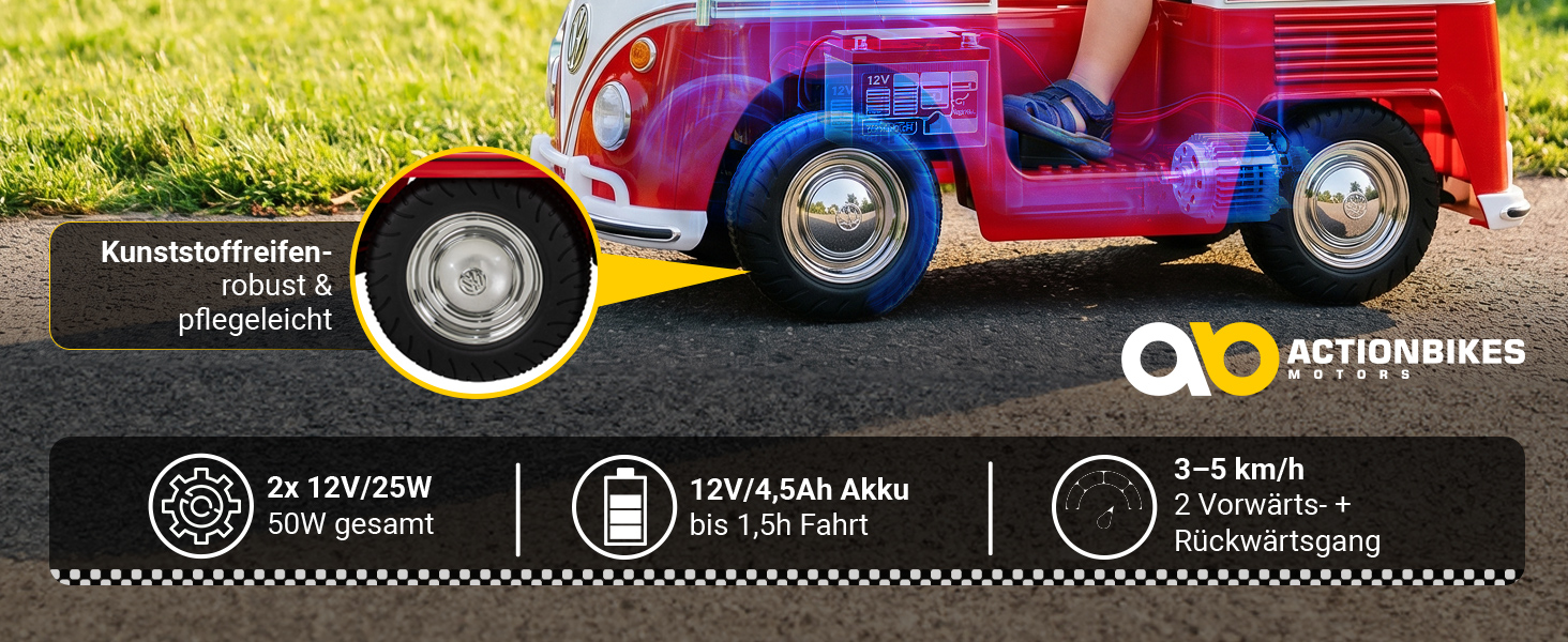 Leistungsstarker Antrieb für zuverlässigen Fahrspaß Das Kinder-Elektroauto ist mit zwei 12-Volt-Motoren (insgesamt 50 Watt), einem 12 V/4,5 Ah Akku für bis zu 1,5 Stunden Fahrzeit sowie zwei Vorwärts- und einem Rückwärtsgang ausgestattet. Robuste Kunststoffreifen sorgen für ein pflegeleichtes Fahrverhalten auf verschiedenen Untergründen bei Geschwindigkeiten von 3 bis 5 km/h.